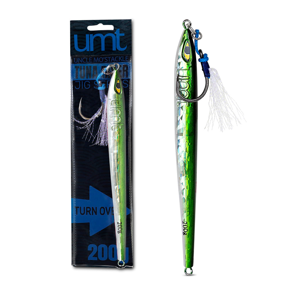 UNCLE MO'S Tuna Riser jig green and white side view for offshore fishing