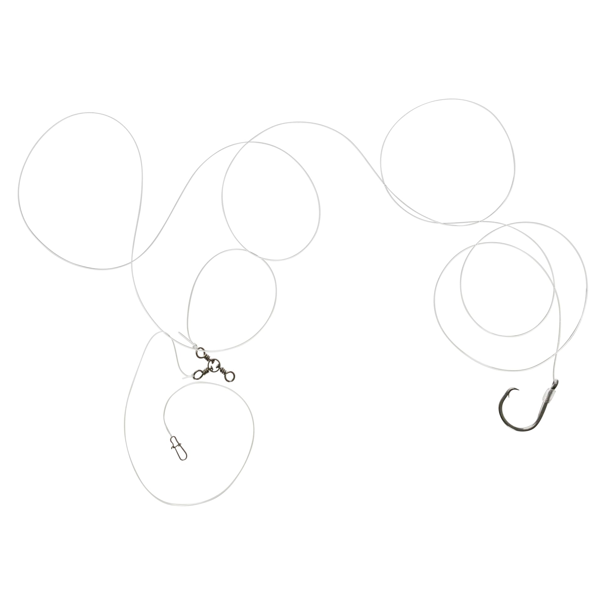 Close-up of 3-way swivel rig with 60lb swivel and 4ft 60lb monofilament leader
