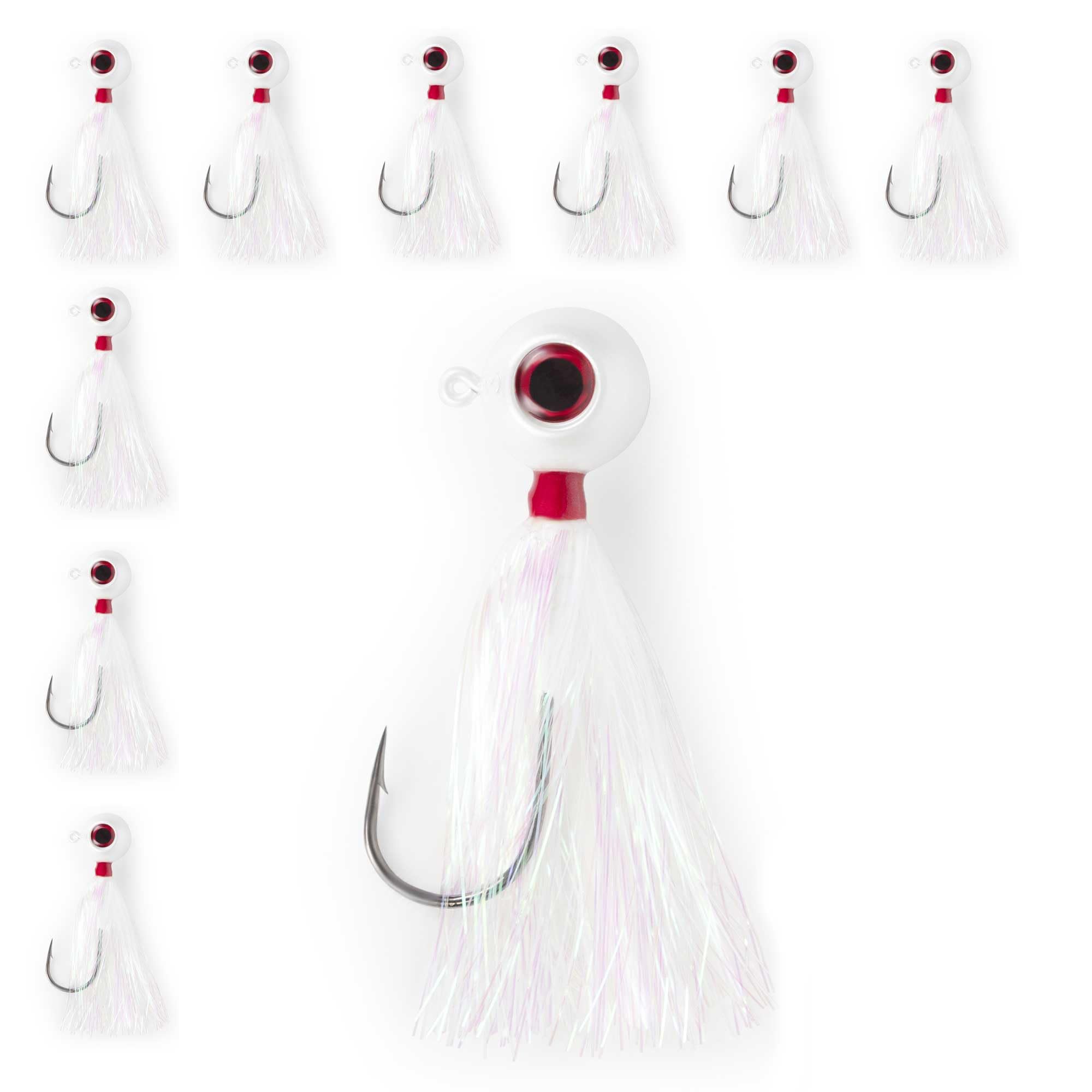 UNCLE MO'S Fluke Bucktail Jig with pearl white Mylar teaser attracts bites in varied conditions