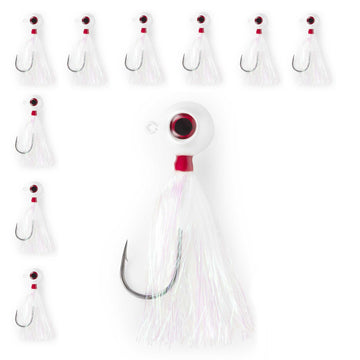 UNCLE MO'S Fluke Bucktail Jig with pearl white Mylar teaser attracts bites in varied conditions
