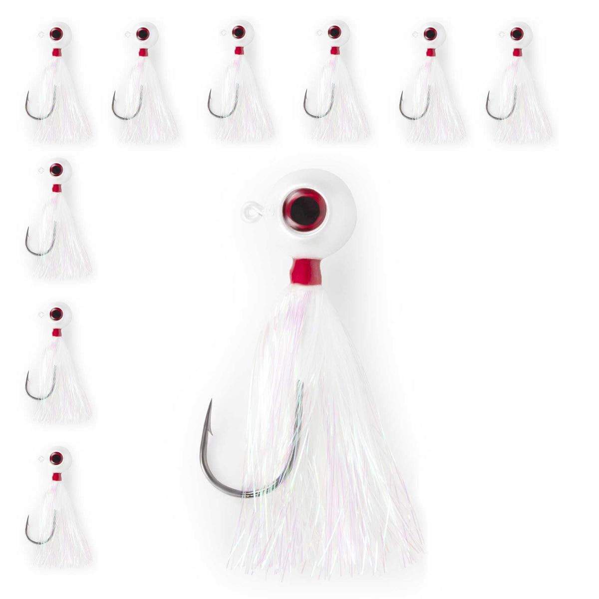 UNCLE MO'S Fluke Bucktail Jig with pearl white Mylar teaser attracts bites in varied conditions