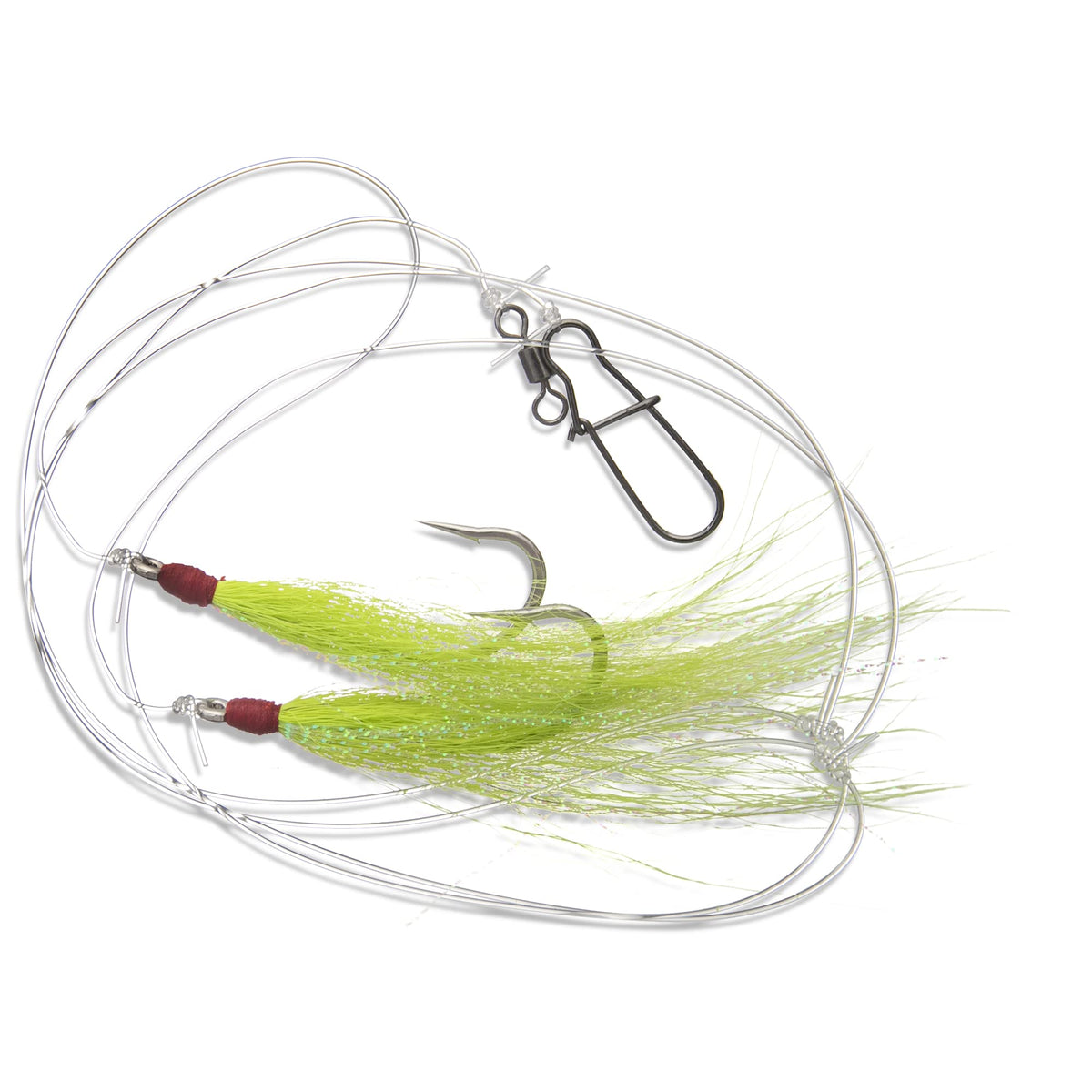 UNCLE MO'S Fluke Hi-Lo rig chartreuse bucktail teaser to attract bottom-dwelling fluke