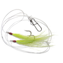 UNCLE MO'S Fluke Hi-Lo rig chartreuse bucktail teaser to attract bottom-dwelling fluke