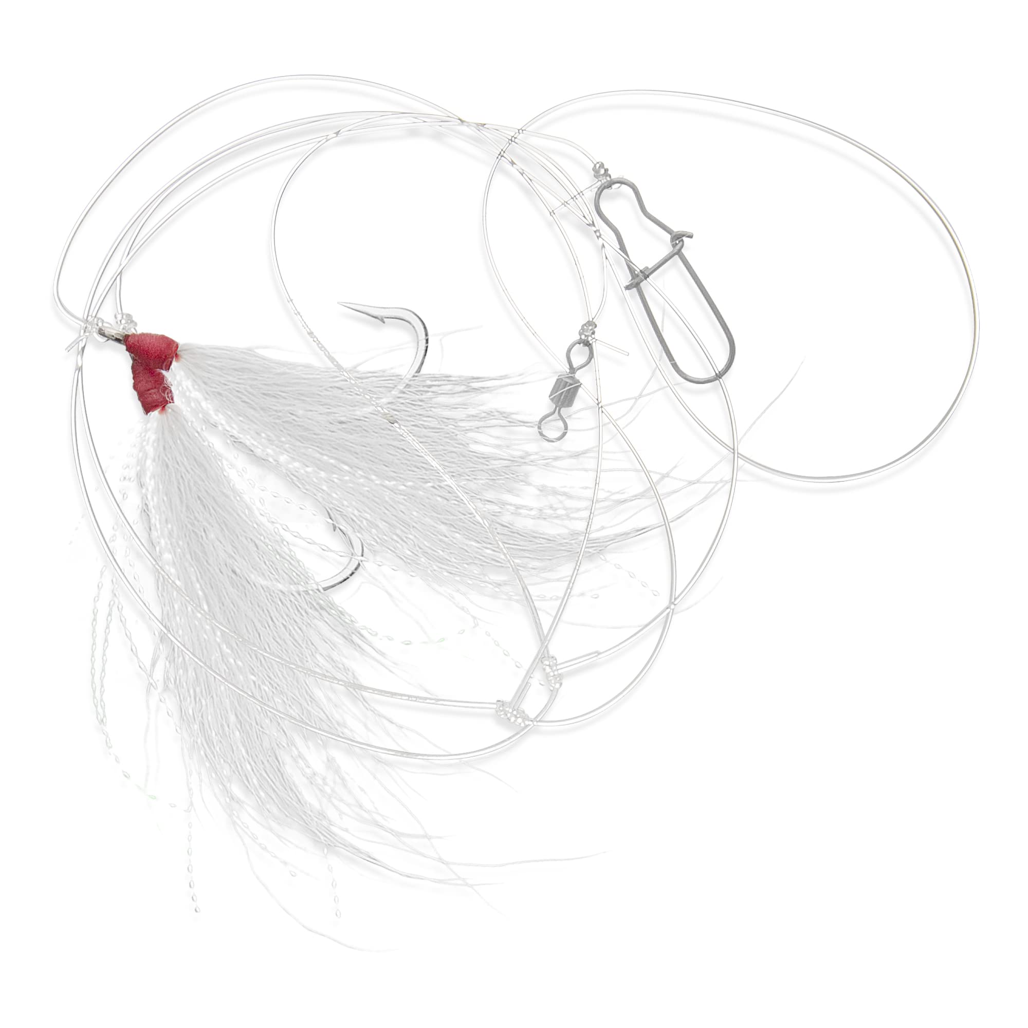 UNCLE MO'S Hi-Lo rig with white bucktail teaser shows dual-bait action.
