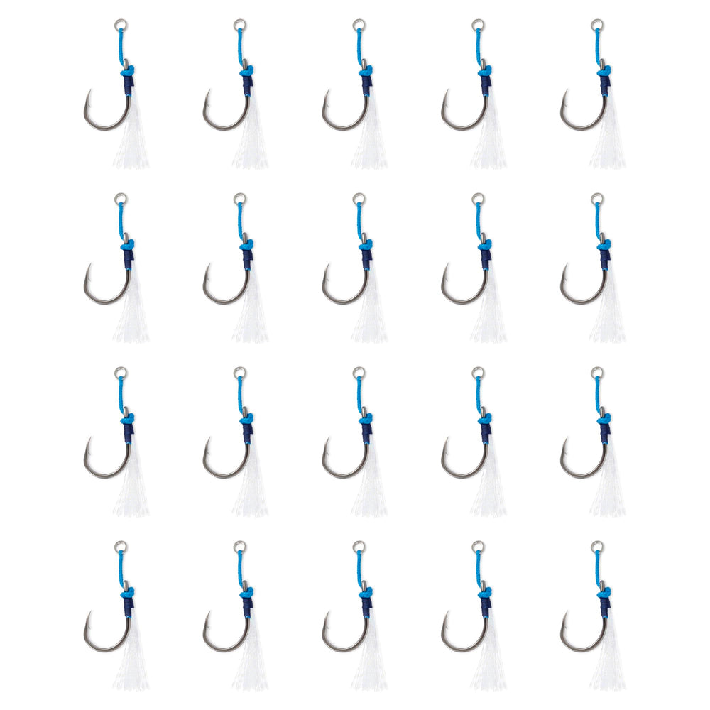 Uncle Mo's Jigging Assist Hooks with Bucktail Teaser flash for saltwater jigging.