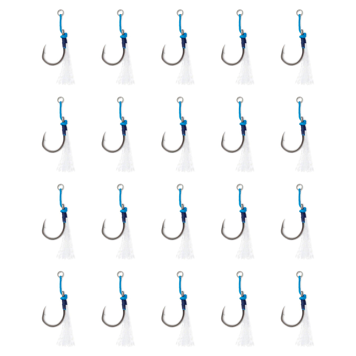 Uncle Mo's Jigging Assist Hooks with Bucktail Teaser flash for saltwater jigging.