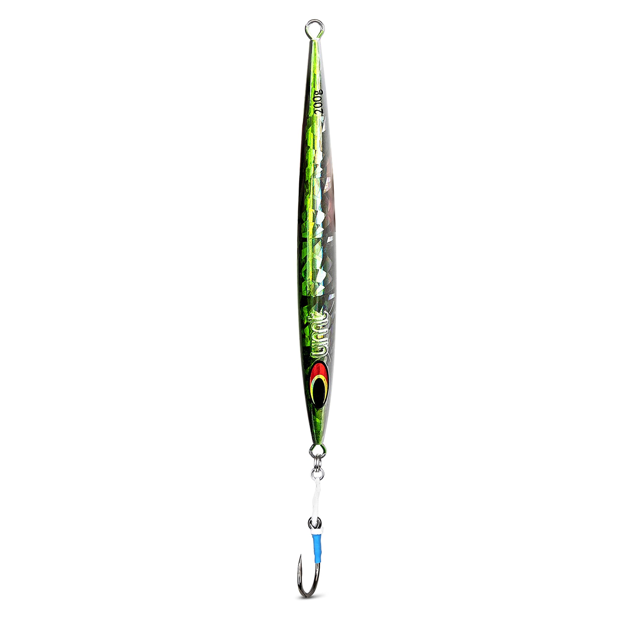 Uncle Mo's Saltwater Sand EEL Jig, green white in-water action highlights lifelike movement for tuna and striped bass.