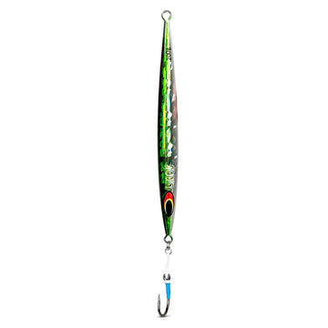 Uncle Mo's Saltwater Sand EEL Jig, green white in-water action highlights lifelike movement for tuna and striped bass.