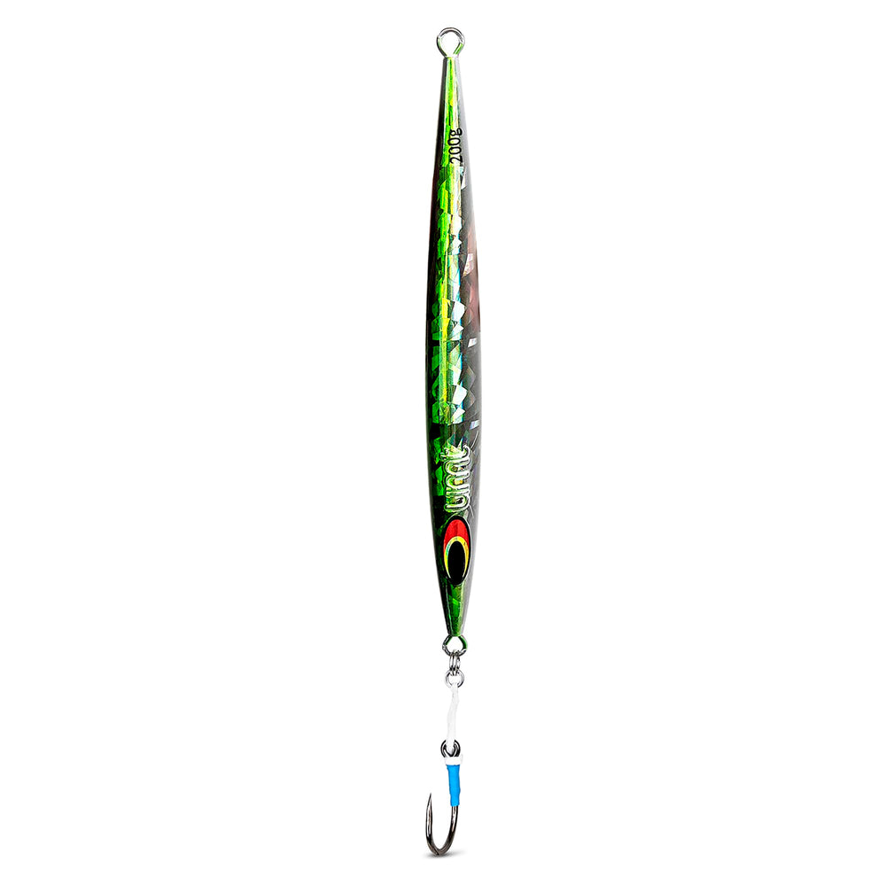 Uncle Mo's Saltwater Sand EEL Jig, green white in-water action highlights lifelike movement for tuna and striped bass.