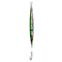 Uncle Mo's Saltwater Sand EEL Jig, green white in-water action highlights lifelike movement for tuna and striped bass.