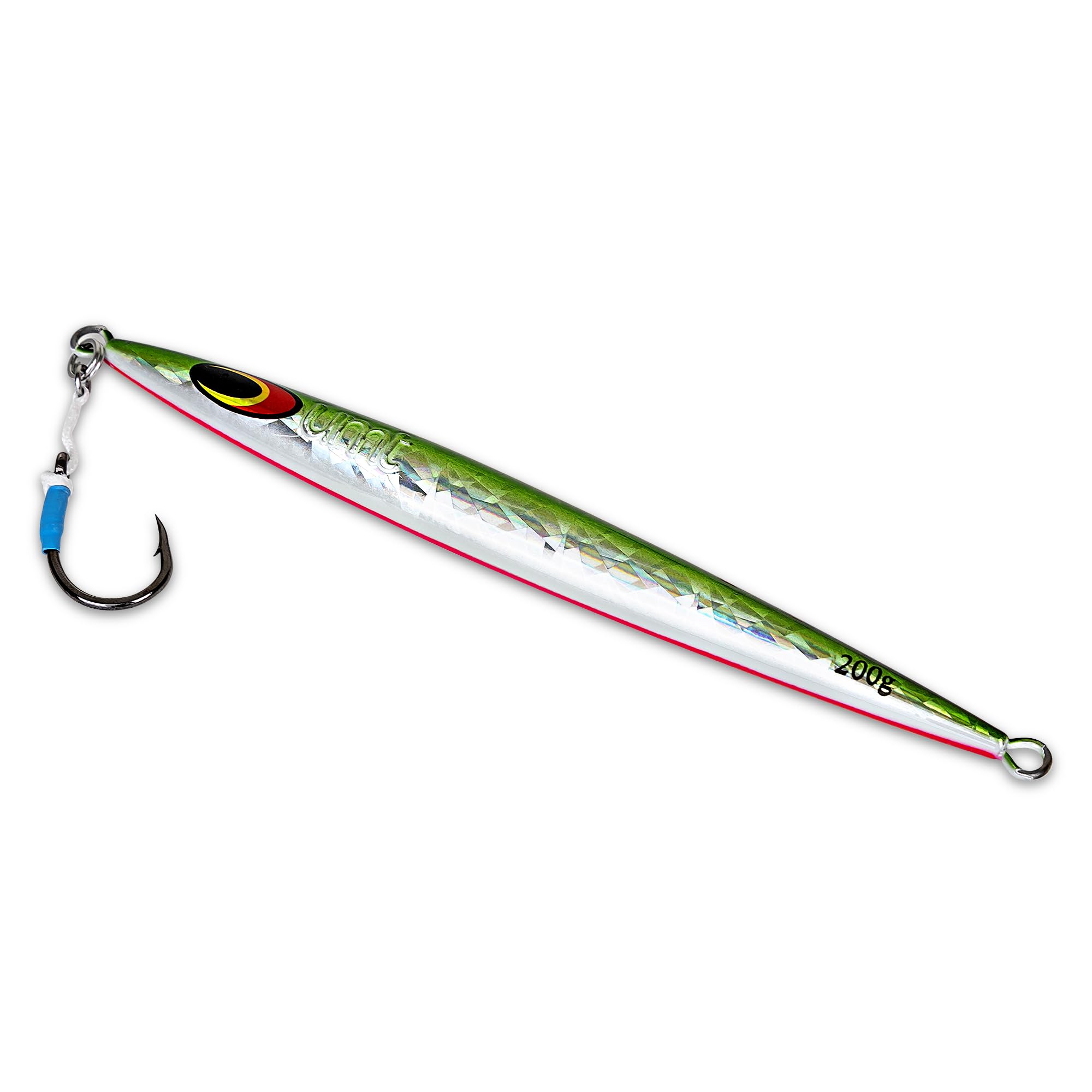 Uncle Mo's offshore tackle, 200g sand eel jig packaged and ready to fish.