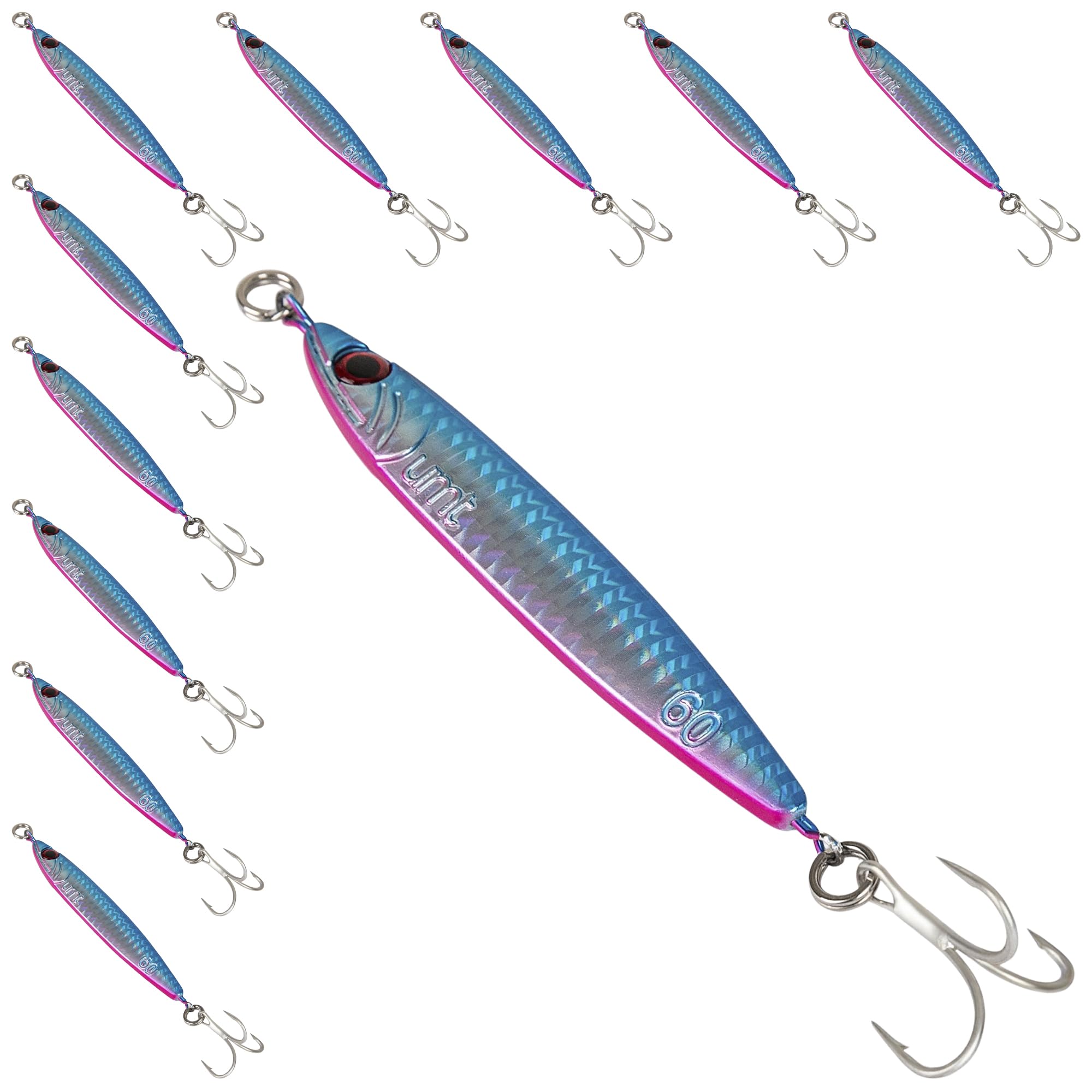 Uncle Mo's 60g pink-blue jig close-up highlighting sharp treble hooks for long casts