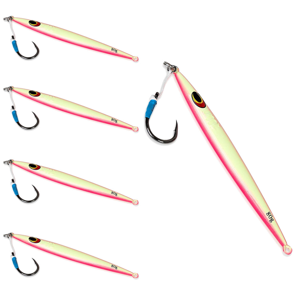Uncle Mo's 80g Sand EEL Jig in pink glow, front view, offshore angling ready.