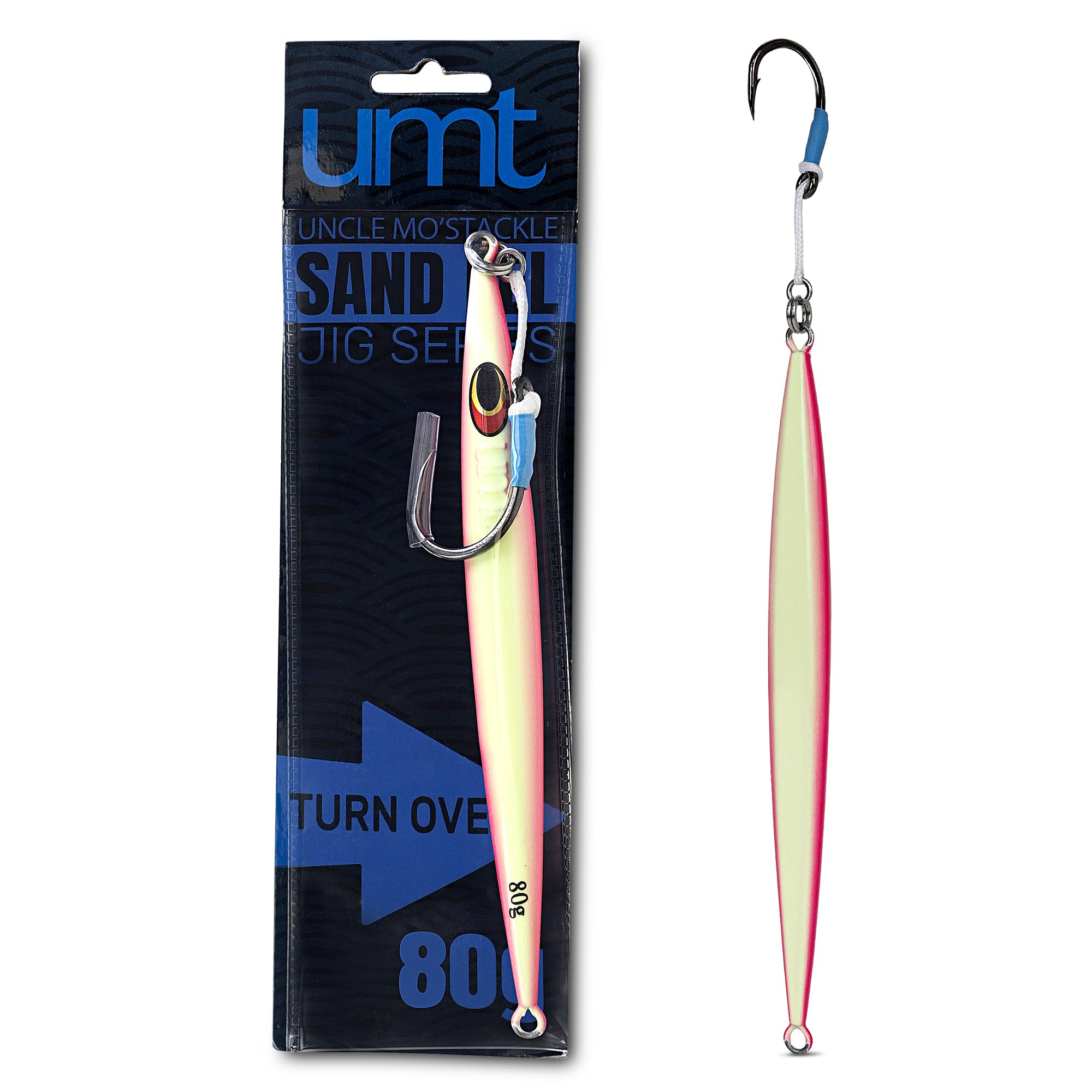 UNCLE MO'S SALTWATER TACKLE 80g sand eel jig pink glow for offshore bass and tuna.