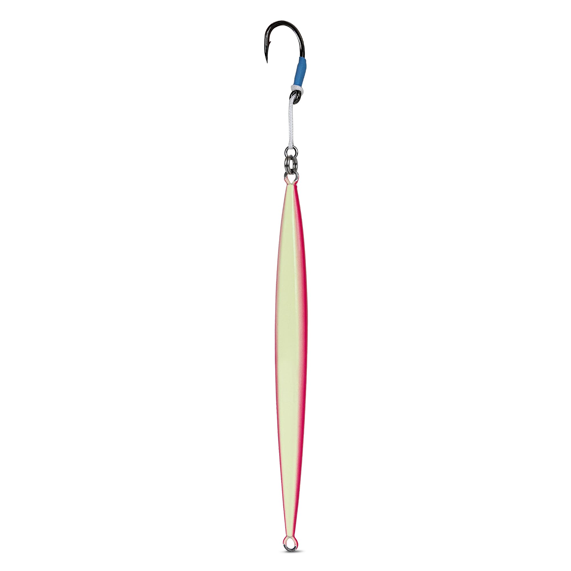 Uncle Mo's jig with pink glow and assist hooks for durable, sharp hookups.