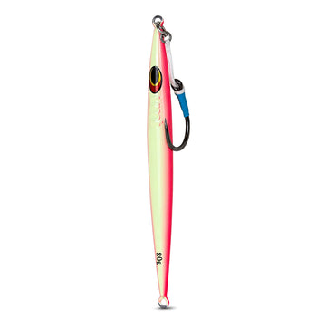UNCLE MO'S SALTWATER TACKLE 80g jig in deep water, visible glow boosts attract.