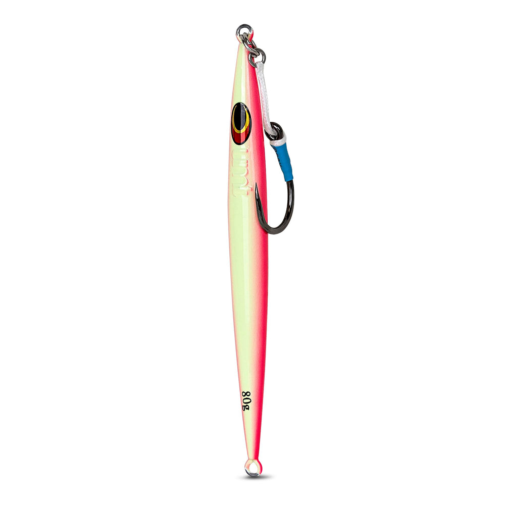 UNCLE MO'S SALTWATER TACKLE 80g jig in deep water, visible glow boosts attract.