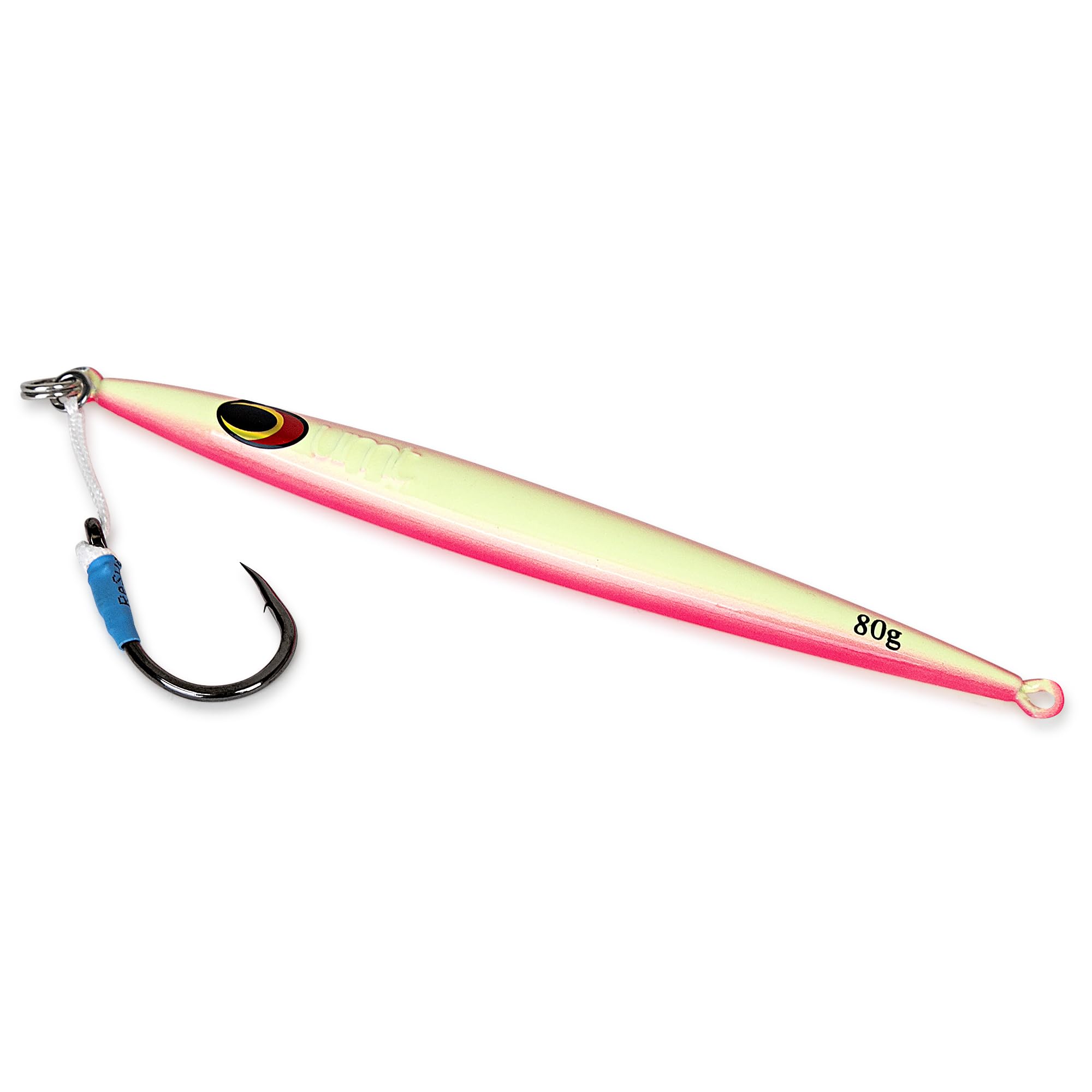 UNCLE MO'S SALTWATER TACKLE sand eel jig pink glow emulates bait for bass and tuna.