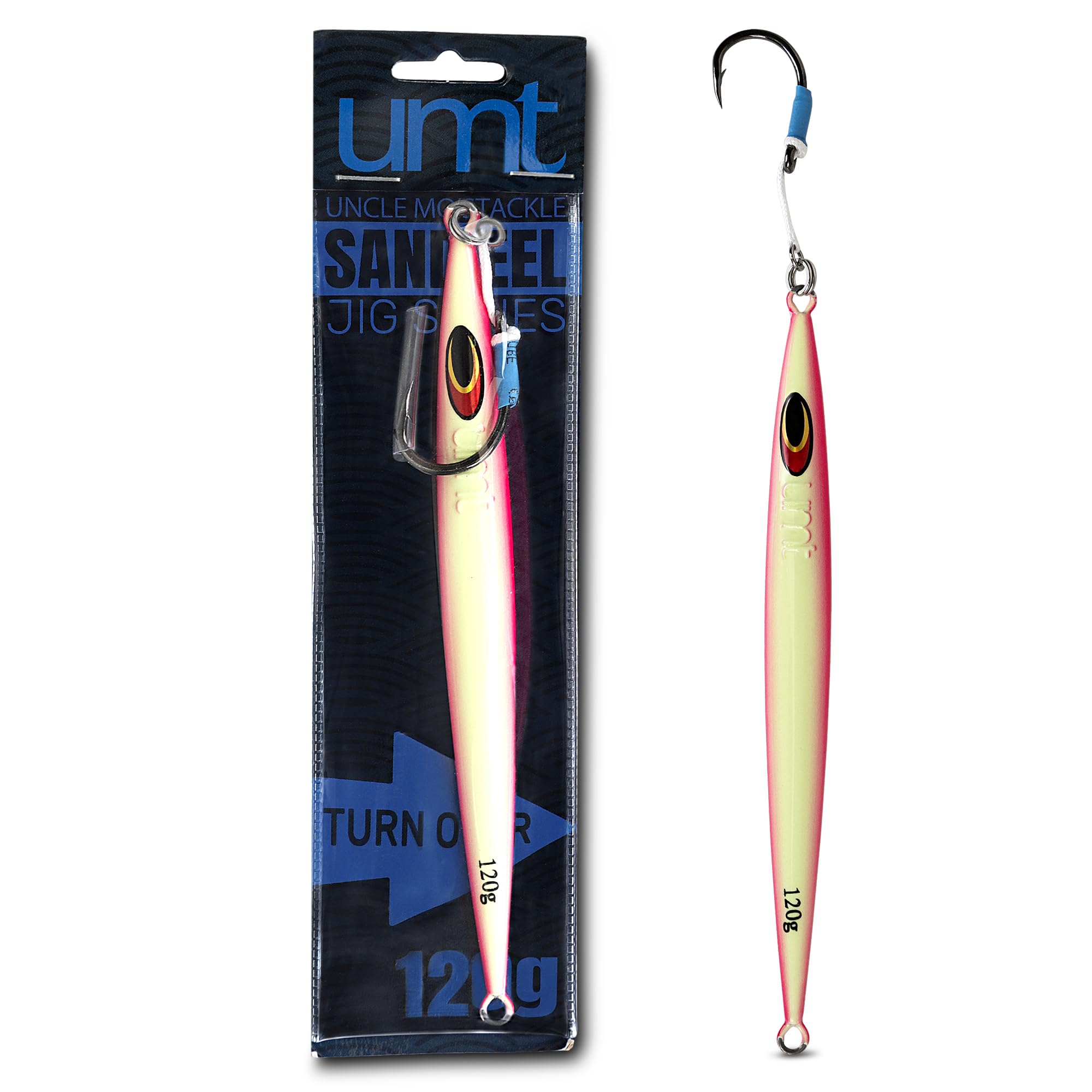 Uncle Mo's pink glow jig mimics sand eel for natural jigging.