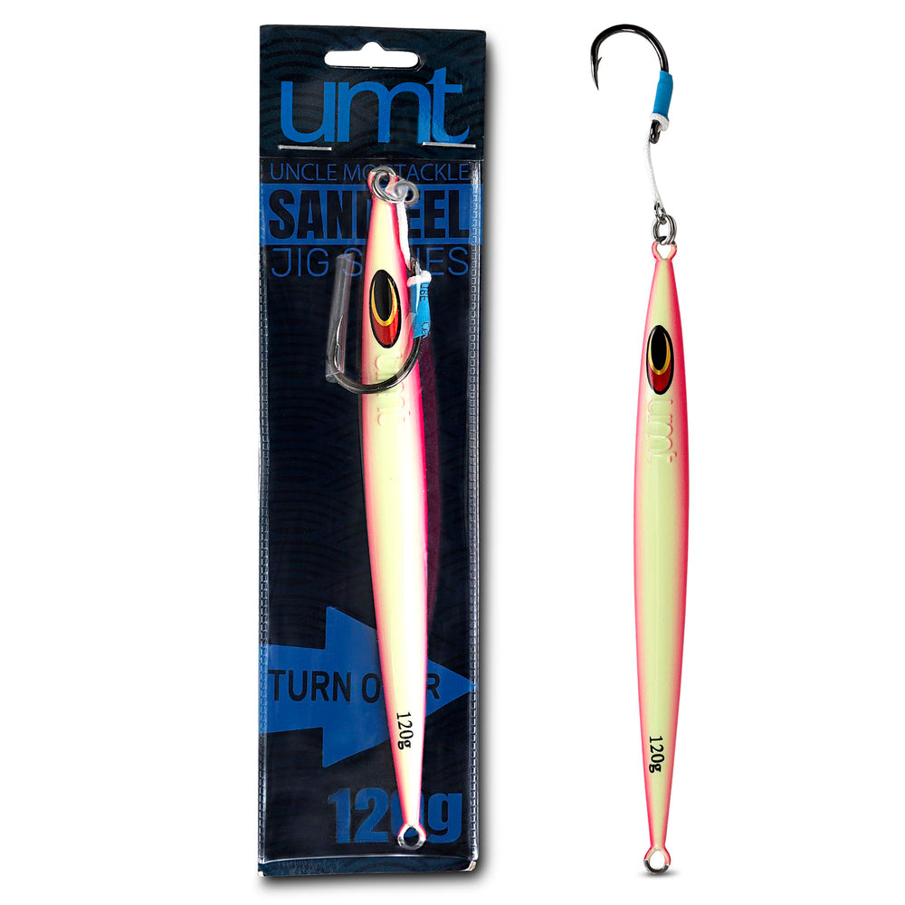 Uncle Mo's pink glow jig mimics sand eel for natural jigging.