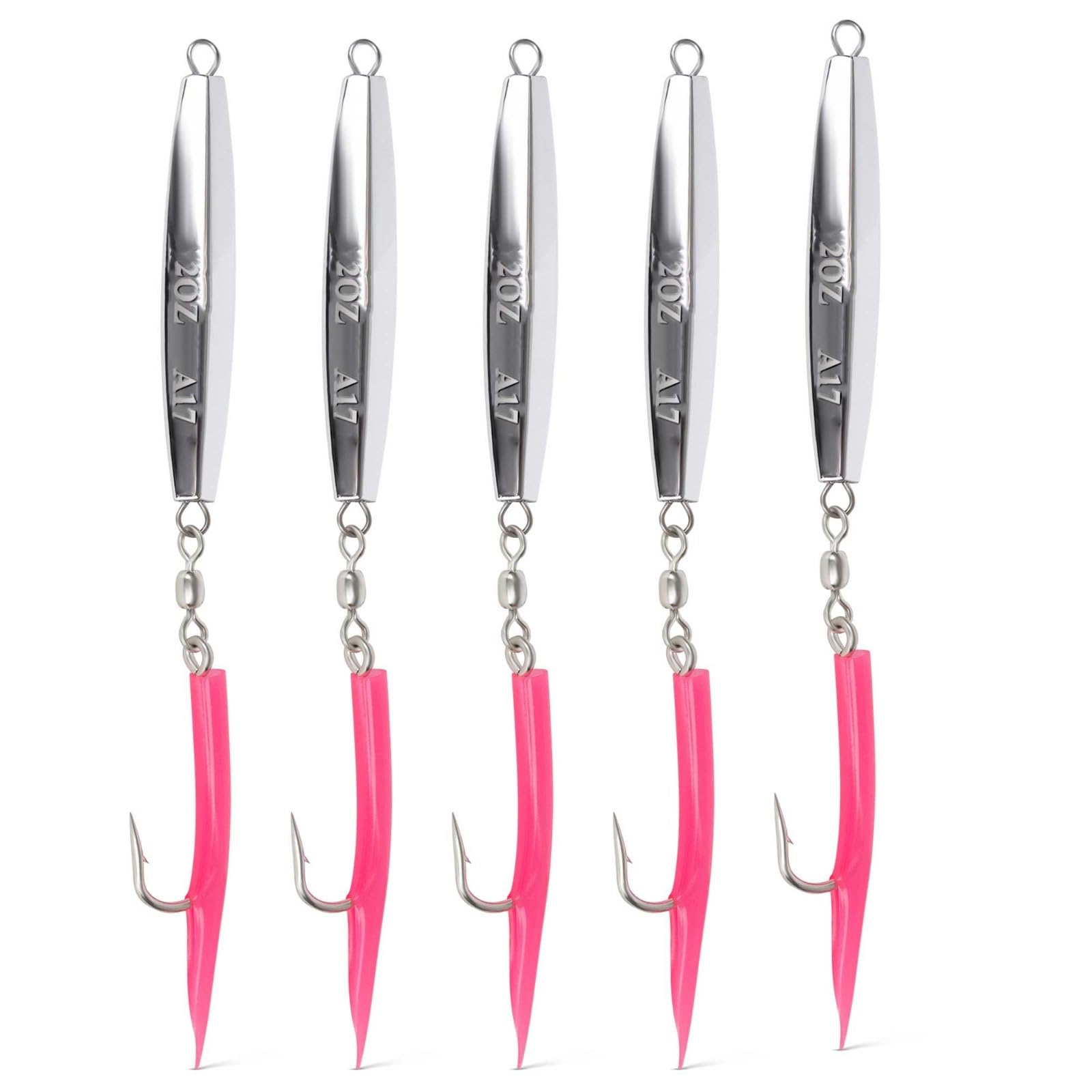 UNCLE MO'S UMT 5 Pack A17 Diamond Jig chrome pink teaser attracts bites.