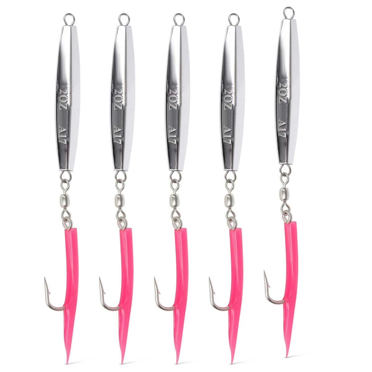 UNCLE MO'S UMT 5 Pack A17 Diamond Jig chrome pink teaser attracts bites.