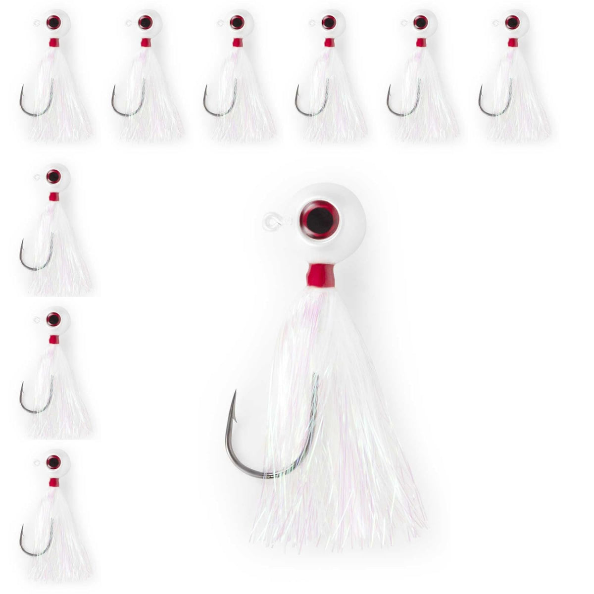 UNCLE MO'S UMT fluke bucktail jig with pearl white Mylar teaser attracts bites