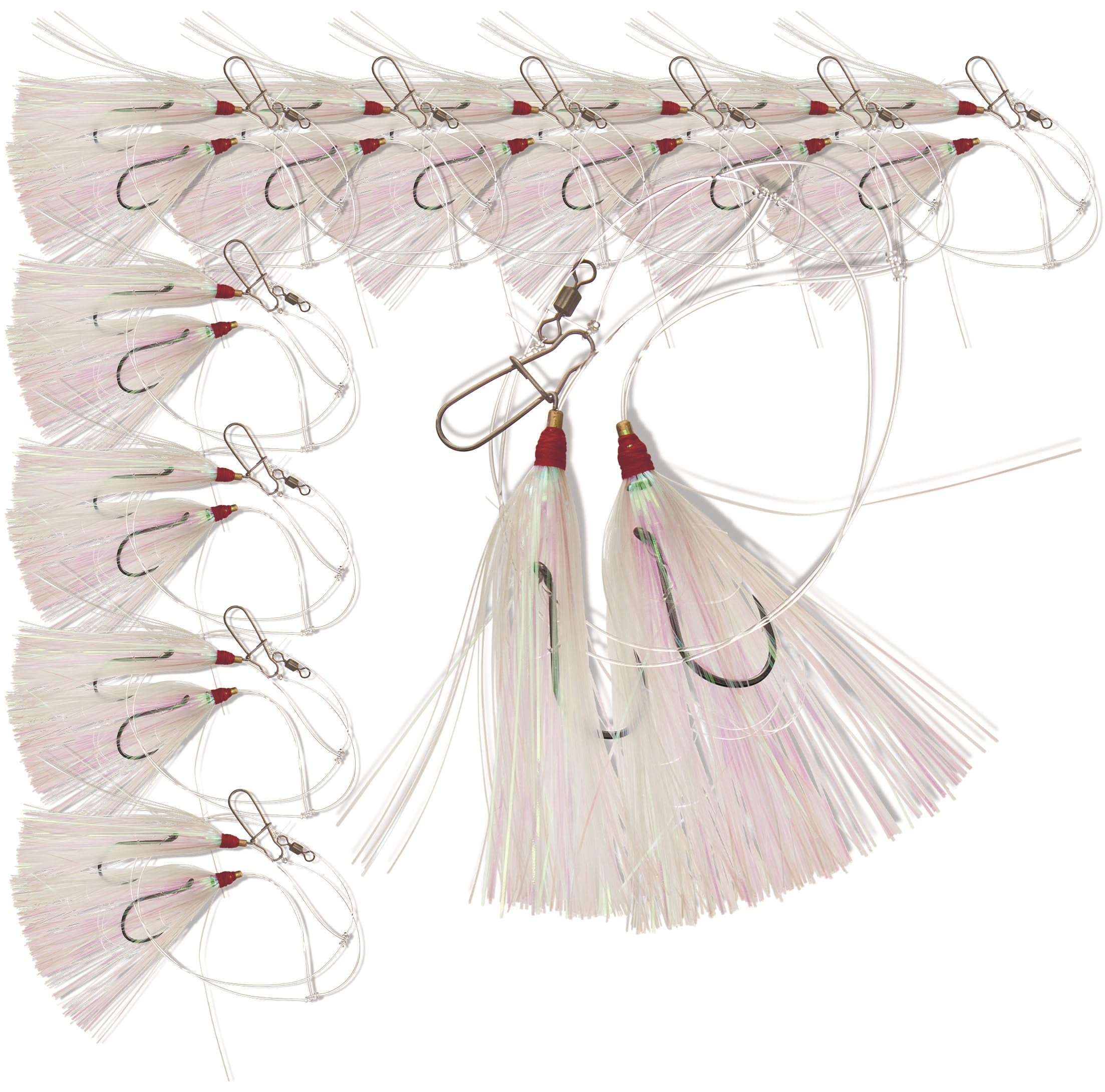 UNCLE MO'S SALTWATER TACKLE 10-pack fluke hi-lo rig with white Mylar teaser boosts visibility.