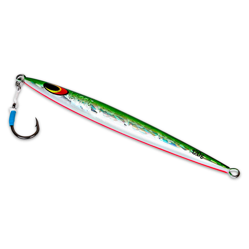 Uncle Mo's 120g Sand EEL jig in green and white action shot highlighting dynamic jigging for tuna
