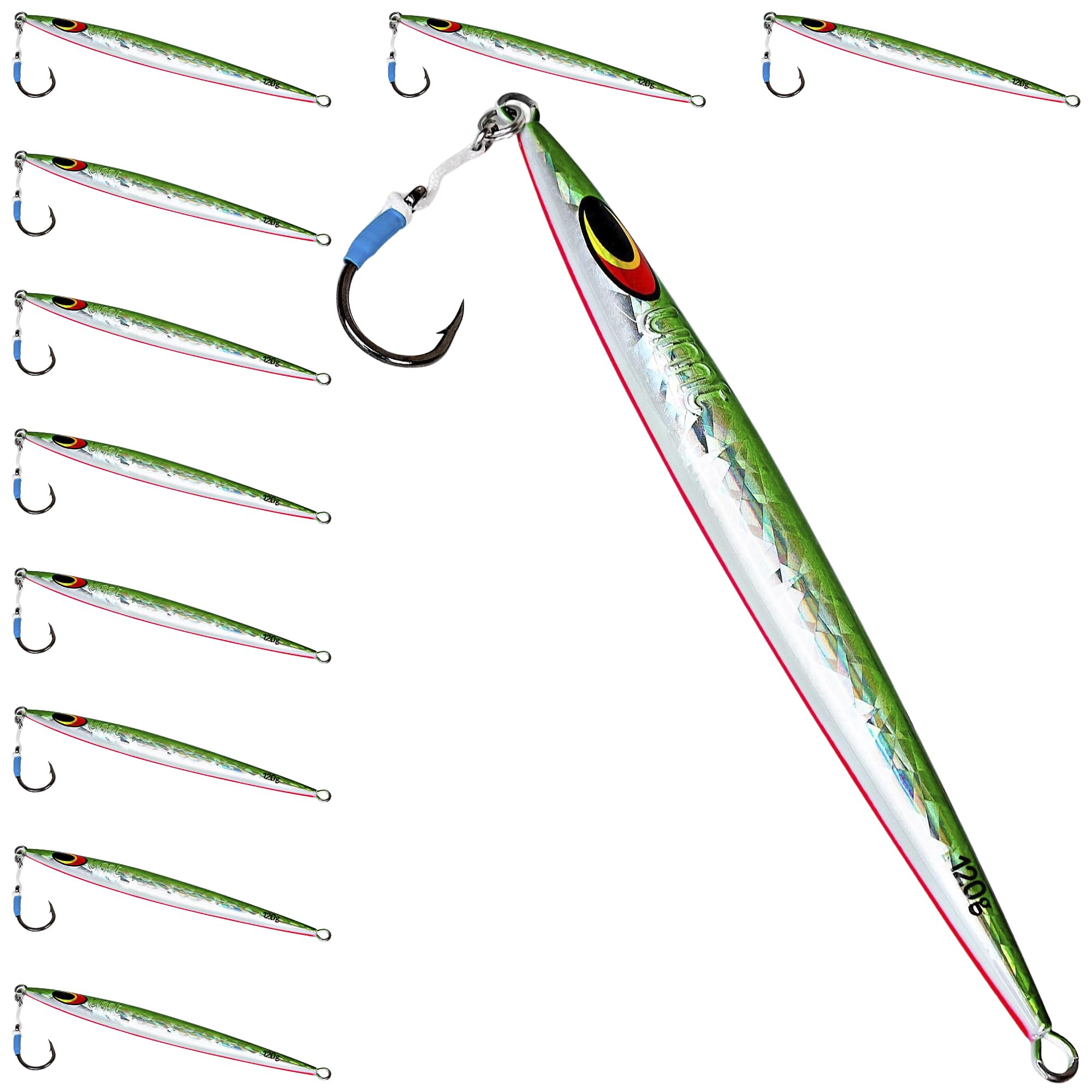 Uncle Mo's 120g Sand EEL jig in green and white side view showing lifelike profile for offshore jigging
