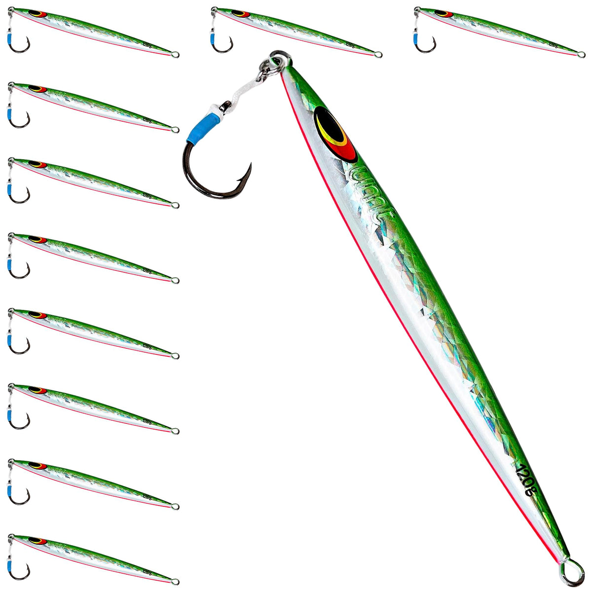 Uncle Mo's 120g Sand EEL jig in green and white side view showing lifelike profile for offshore jigging