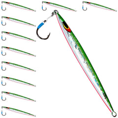 Uncle Mo's 120g Sand EEL jig in green and white side view showing lifelike profile for offshore jigging