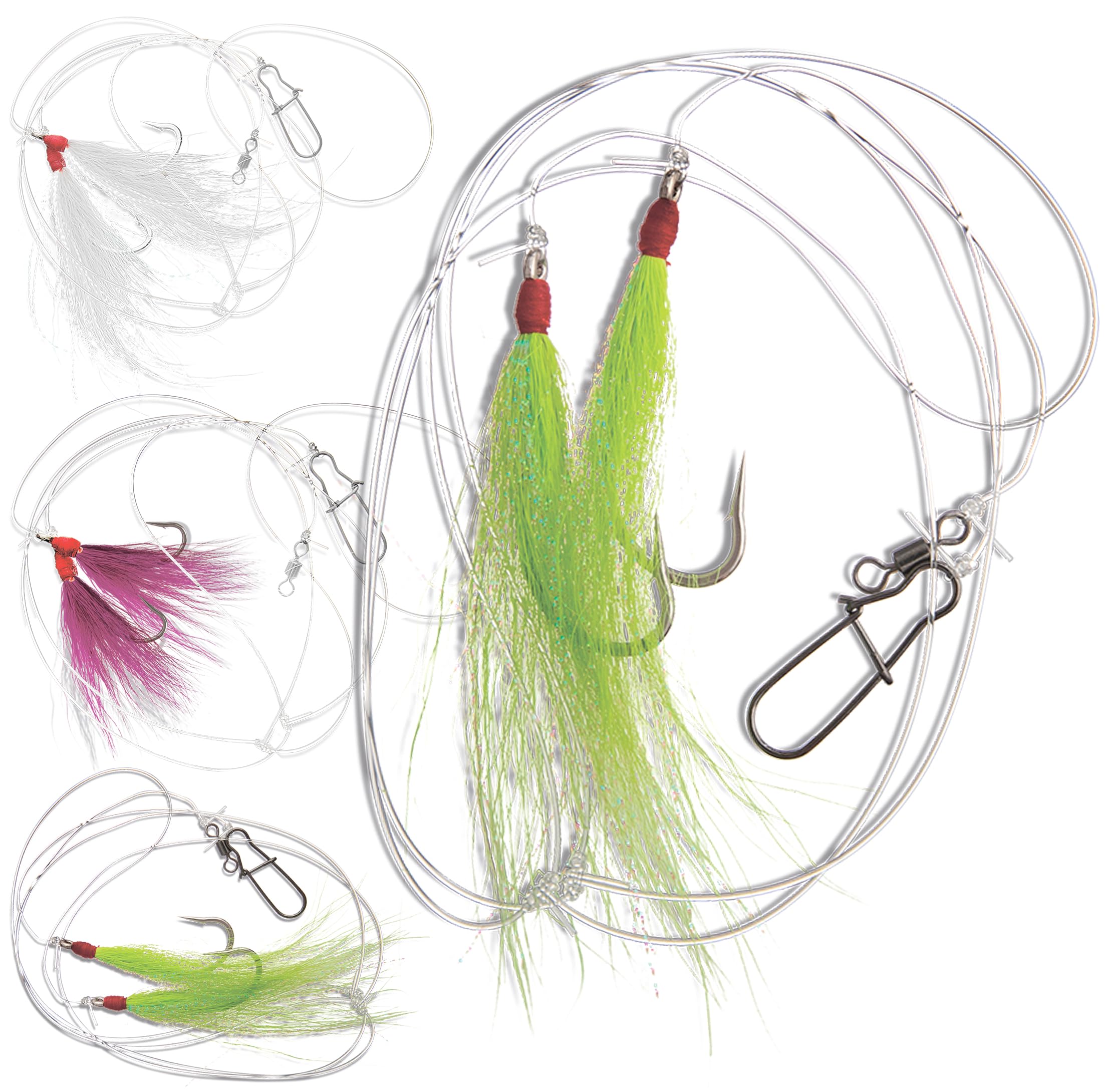 Uncle Mo’s Tackle 3-Pack Fluke Rig Hi/Lo Bucktail Teaser 5/0 Hook