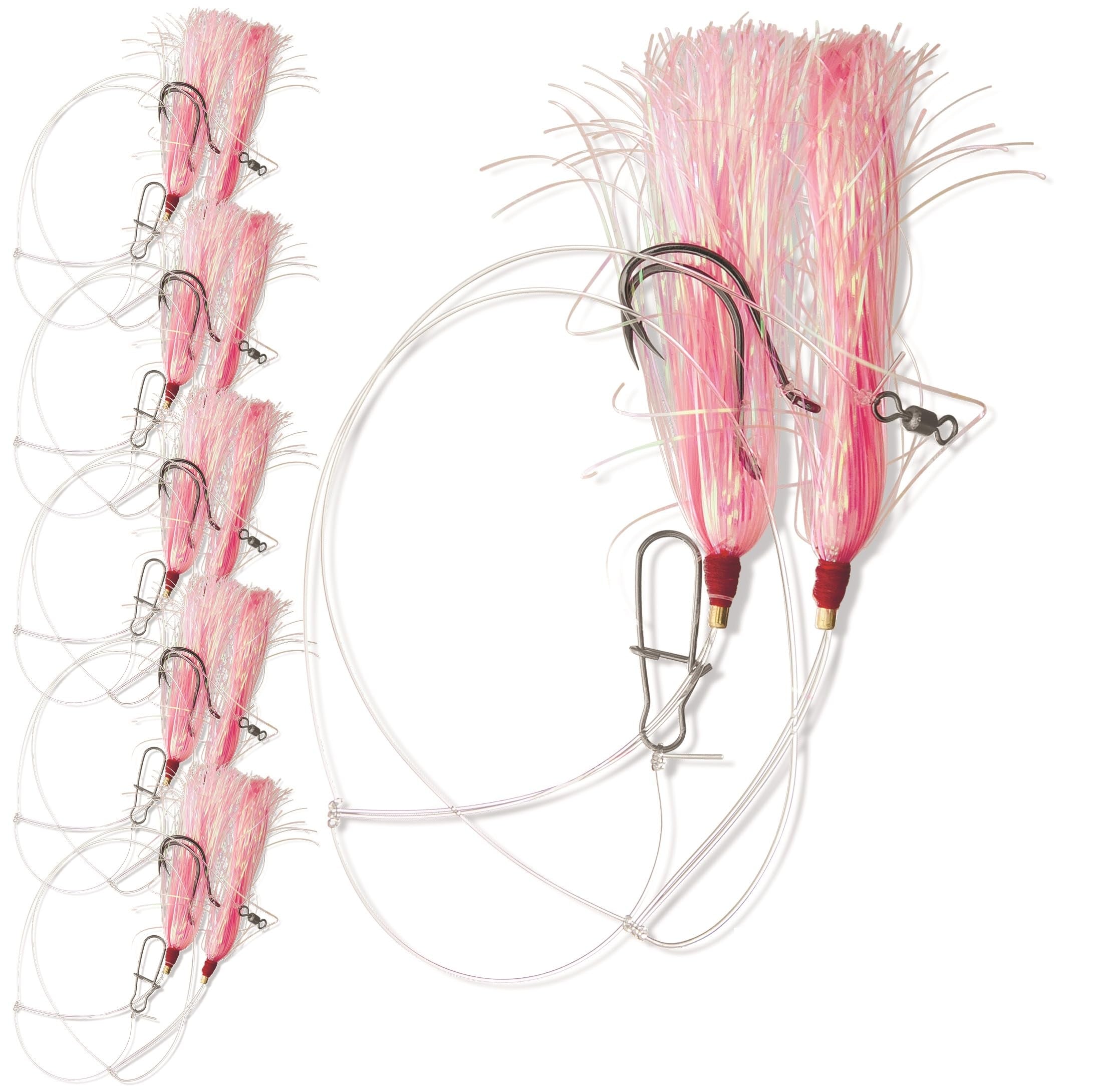 UNCLE MO’S Tackle 5-pack fluke rig with pink Mylar teaser for deep-water catches