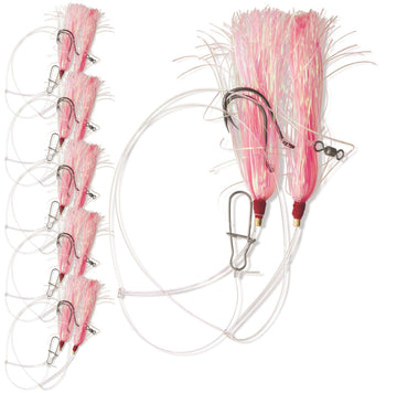 UNCLE MO’S Tackle 5-pack fluke rig with pink Mylar teaser for deep-water catches