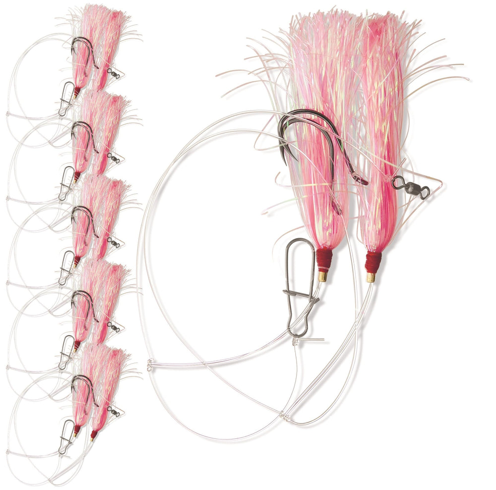 UNCLE MO’S Tackle 5-pack fluke rig with pink Mylar teaser for deep-water catches
