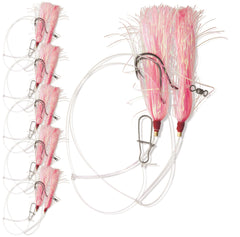 UNCLE MO’S Tackle 5-pack fluke rig with pink Mylar teaser for deep-water catches
