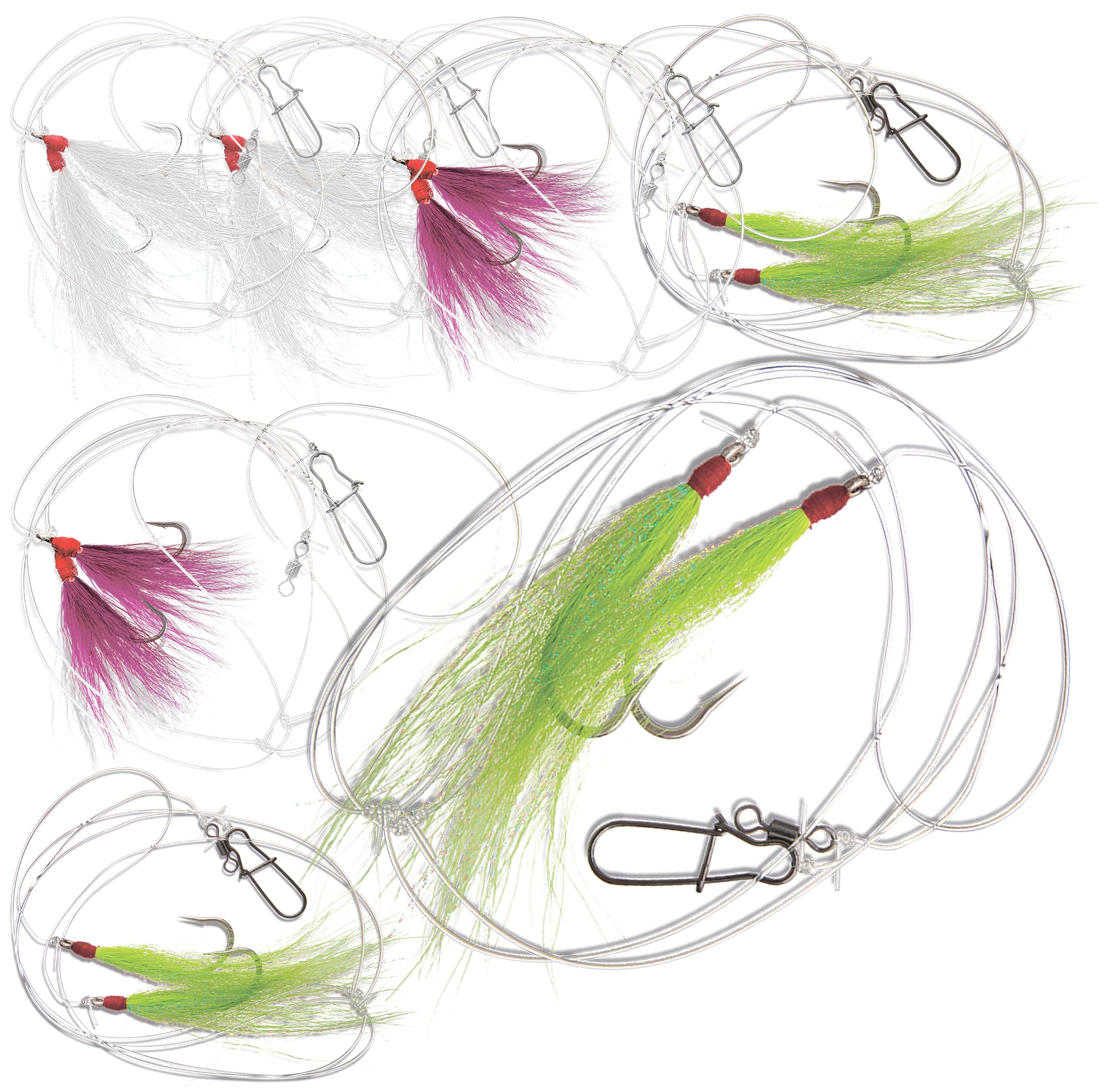 Uncle Mo’s Tackle 6-Pack Fluke Rig with multicolor bucktail teasers