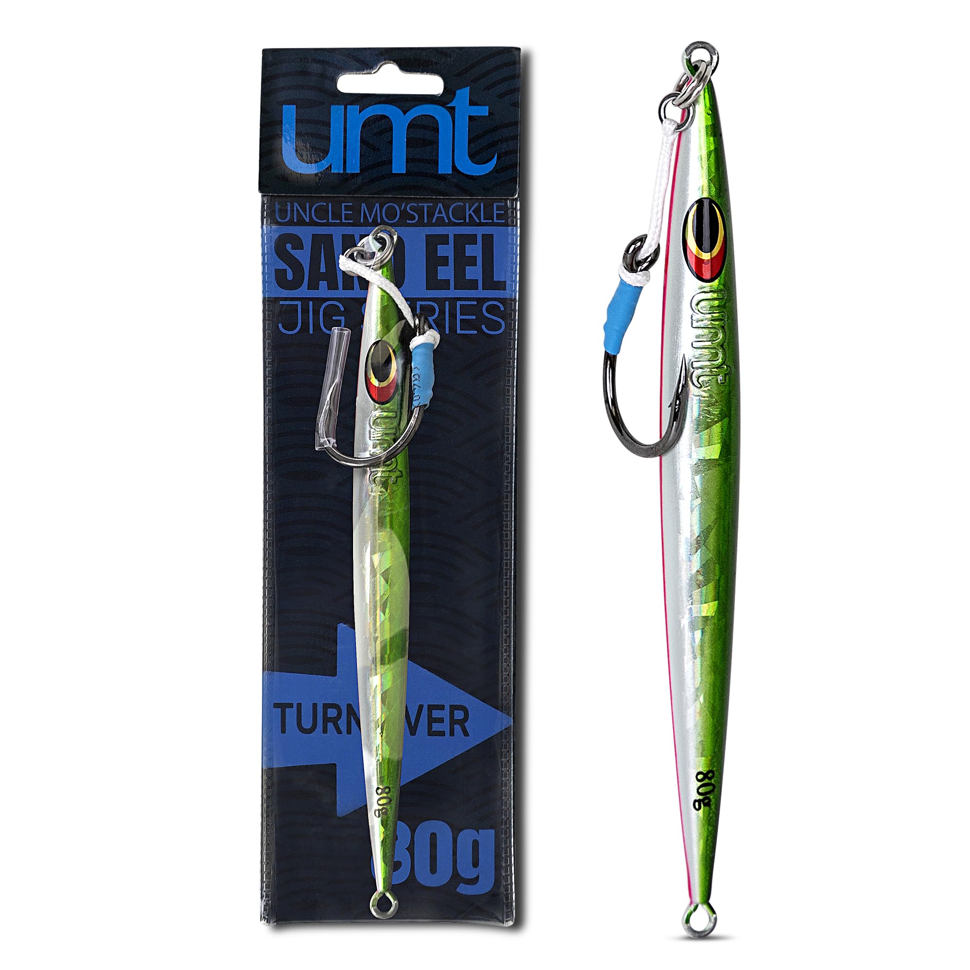 Uncle Mo's 80g sand eel jig in green and white, ideal for offshore saltwater fishing