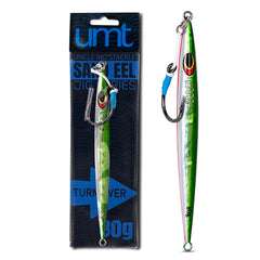 Uncle Mo's 80g sand eel jig in green and white, ideal for offshore saltwater fishing