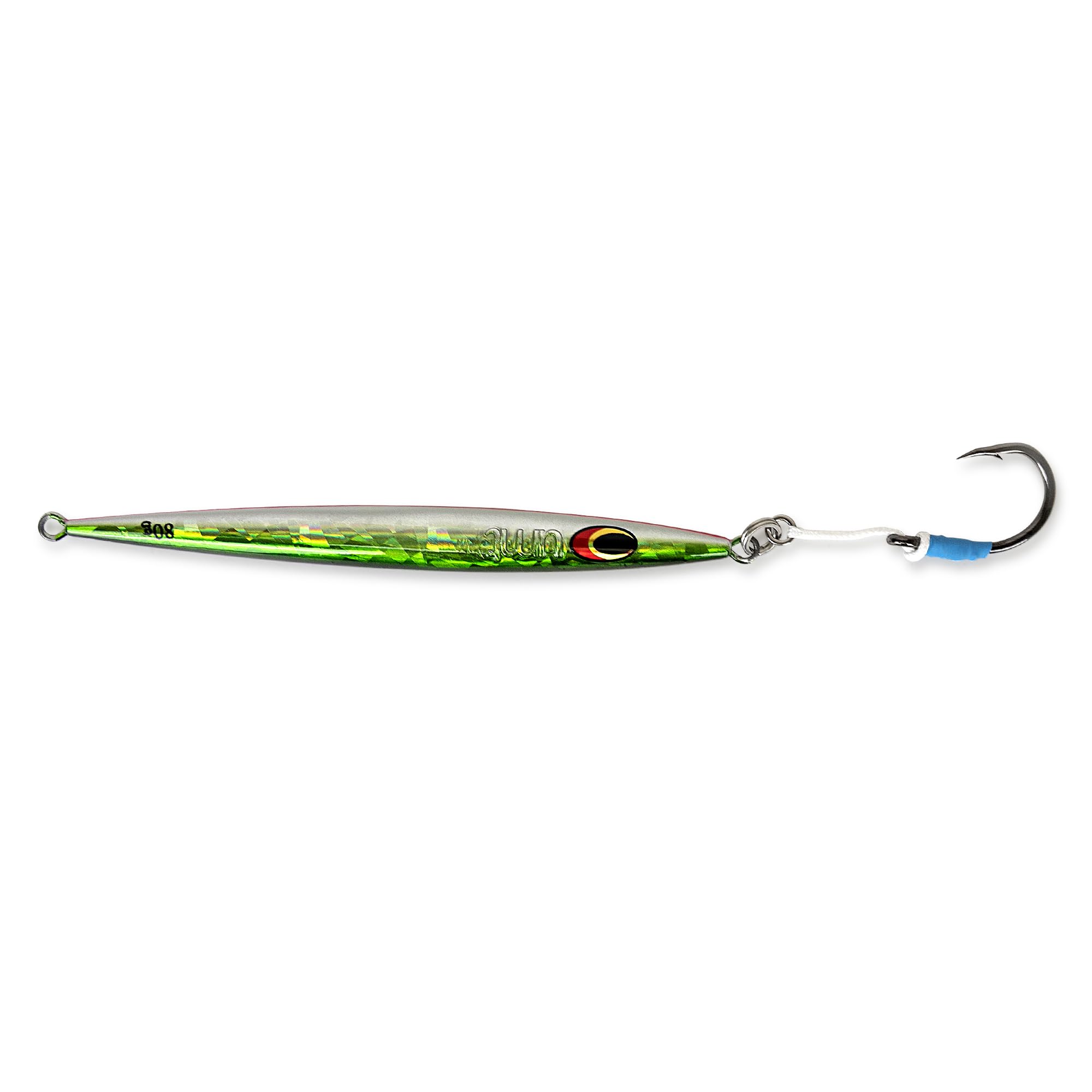 Close-up of Uncle Mo's razor sharp assist hooks on the 80g sand eel jig