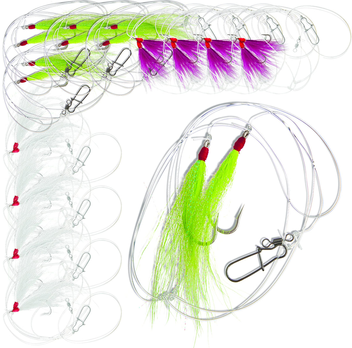 Uncle Mo’s Tackle Fluke Hi/Lo Rig with multicolor bucktail teasers