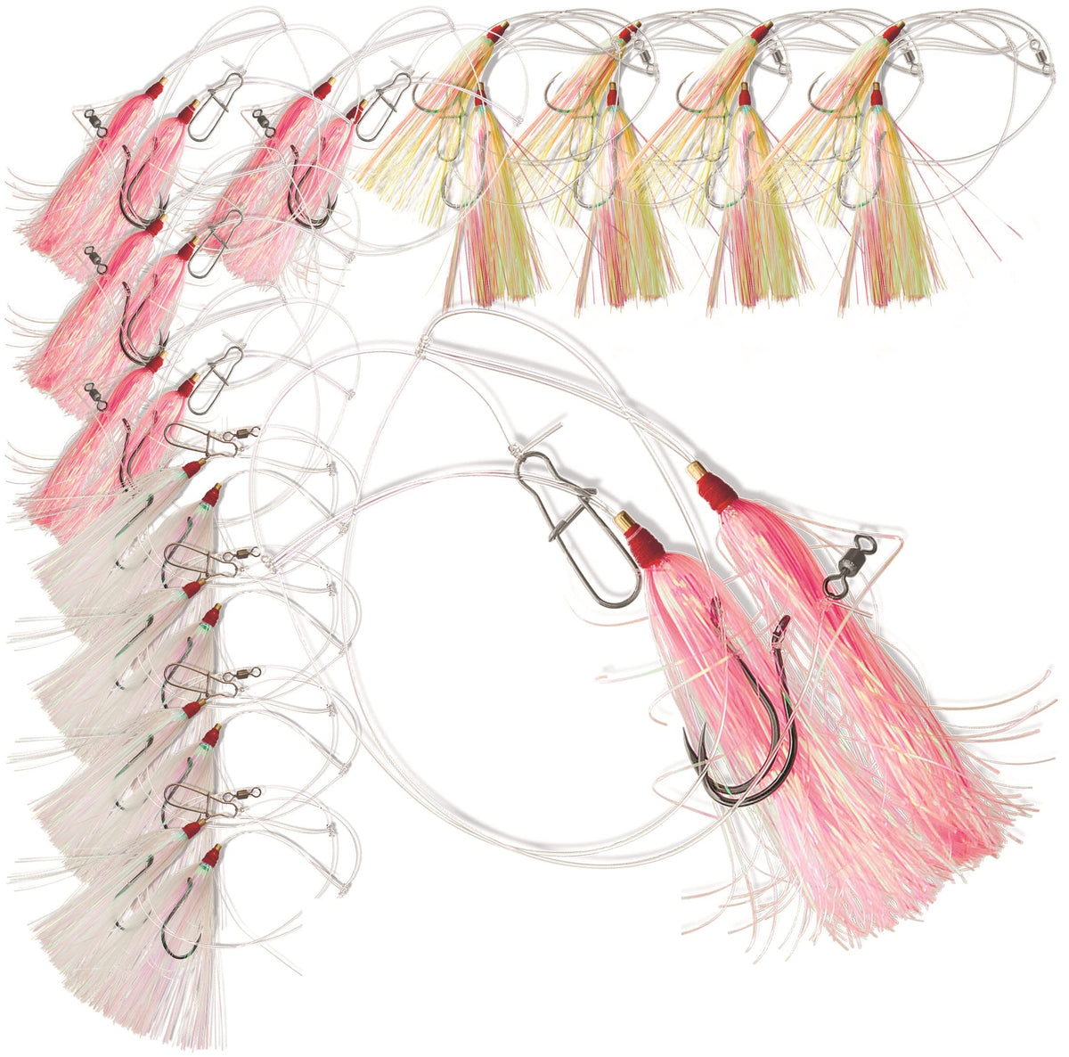 Uncle Mo’s high-low fluke rig with 3/0 Black offset BKK Octopus hooks and white Mylar bucktails