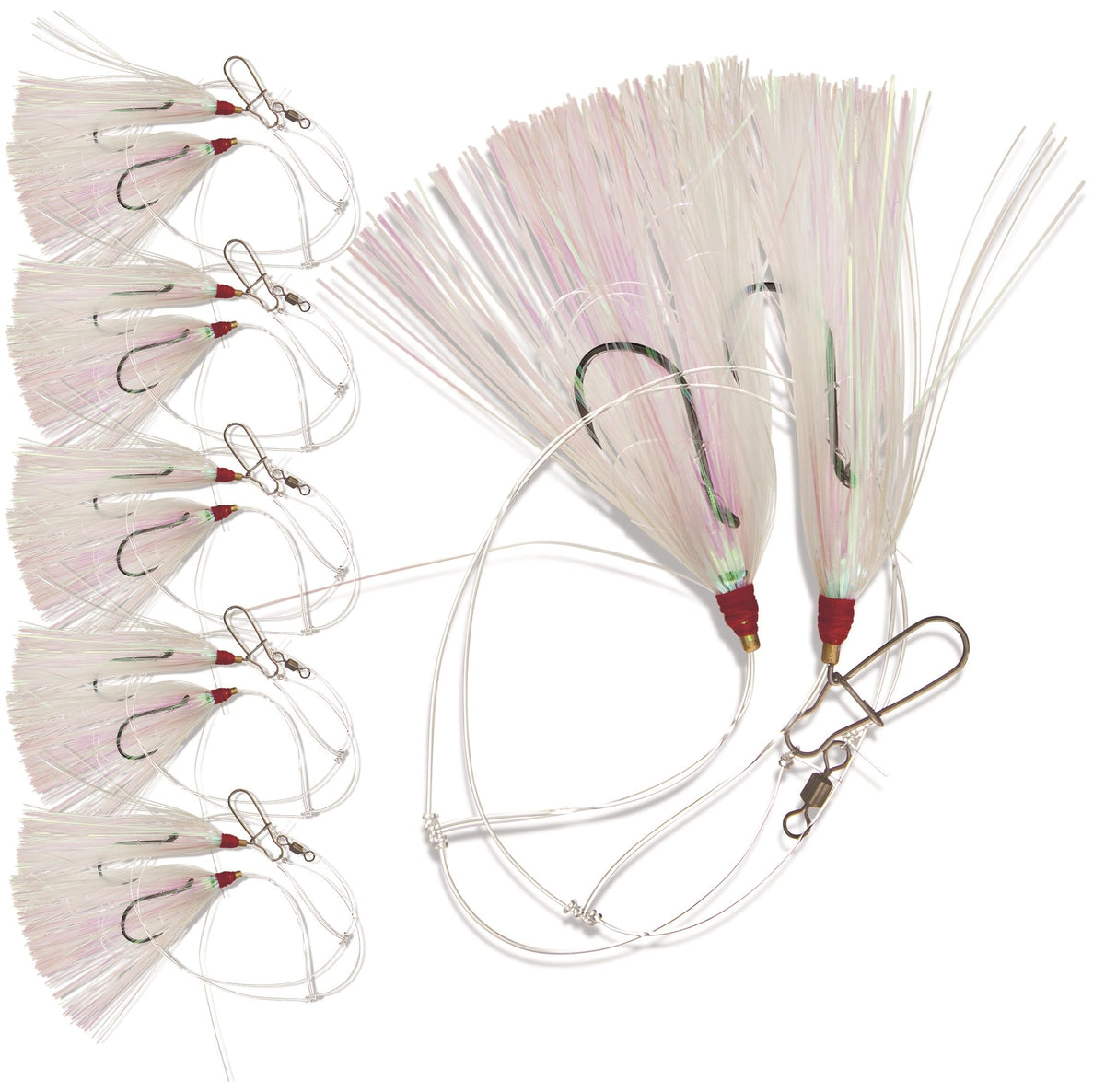 Uncle Mo’s hi-lo rig with white Mylar teaser for fluke fishing.
