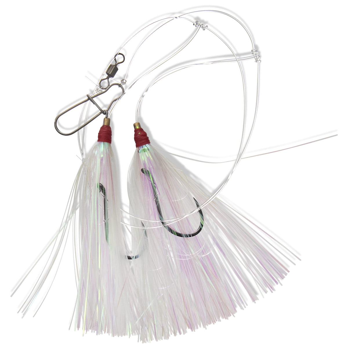 Uncle Mo’s high-low rig with white Mylar bucktail boosts bites in deep water