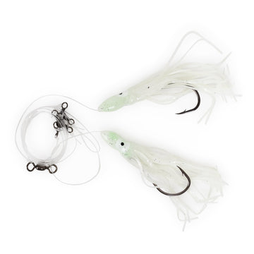 Uncle Mo's tackle Mustad 8/0 hook with glow skirt for night deep-sea fishing.