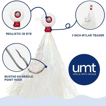 UNCLE MO'S UMT Bucktail Jig features lifelike 3D eyes for improved visibility and strikes.