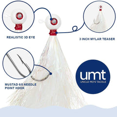 UNCLE MO'S UMT Bucktail Jig features lifelike 3D eyes for improved visibility and strikes.