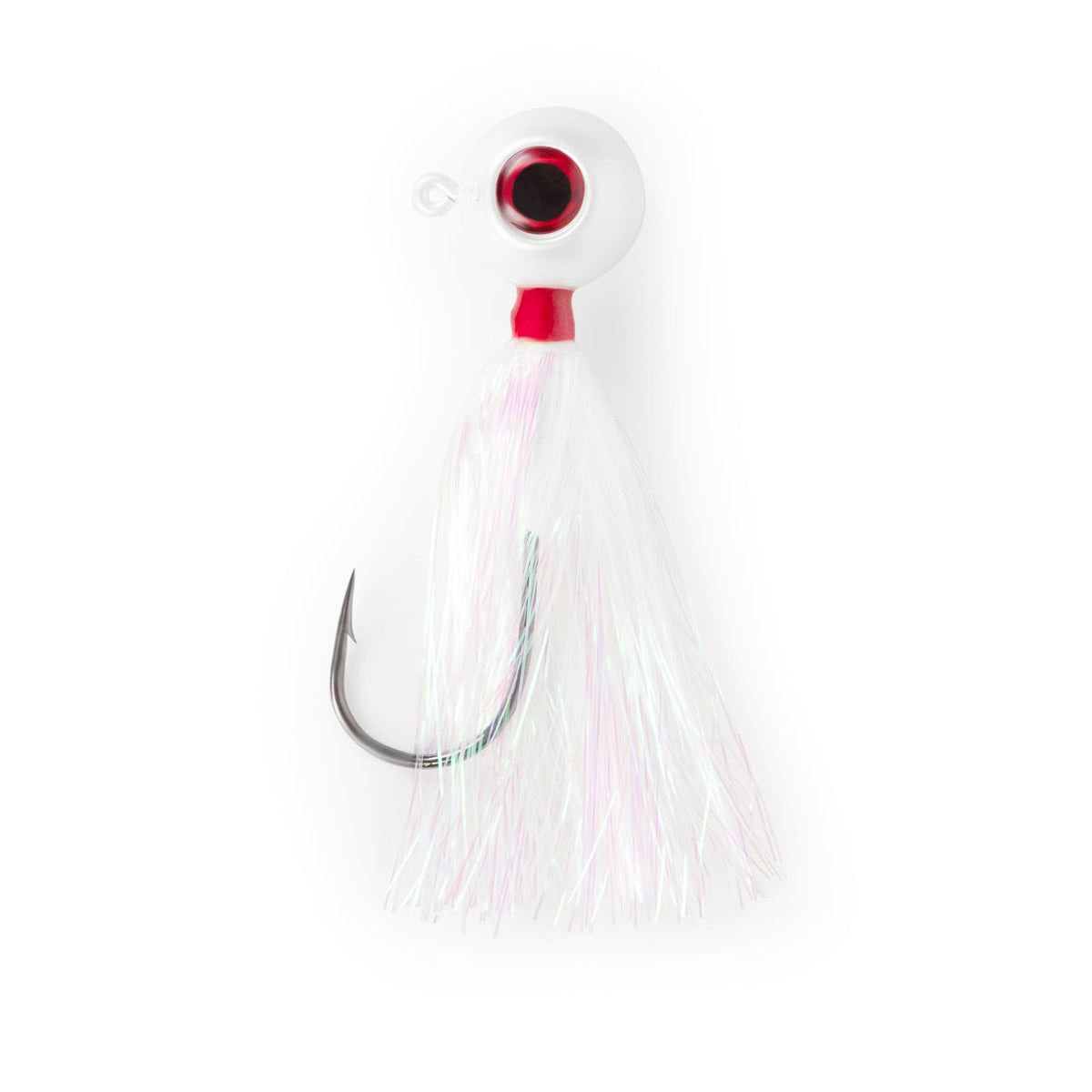 UNCLE MO'S UMT Fluke Bucktail Jig with Pearl White Mylar teaser boosts underwater visibility and draws bites.