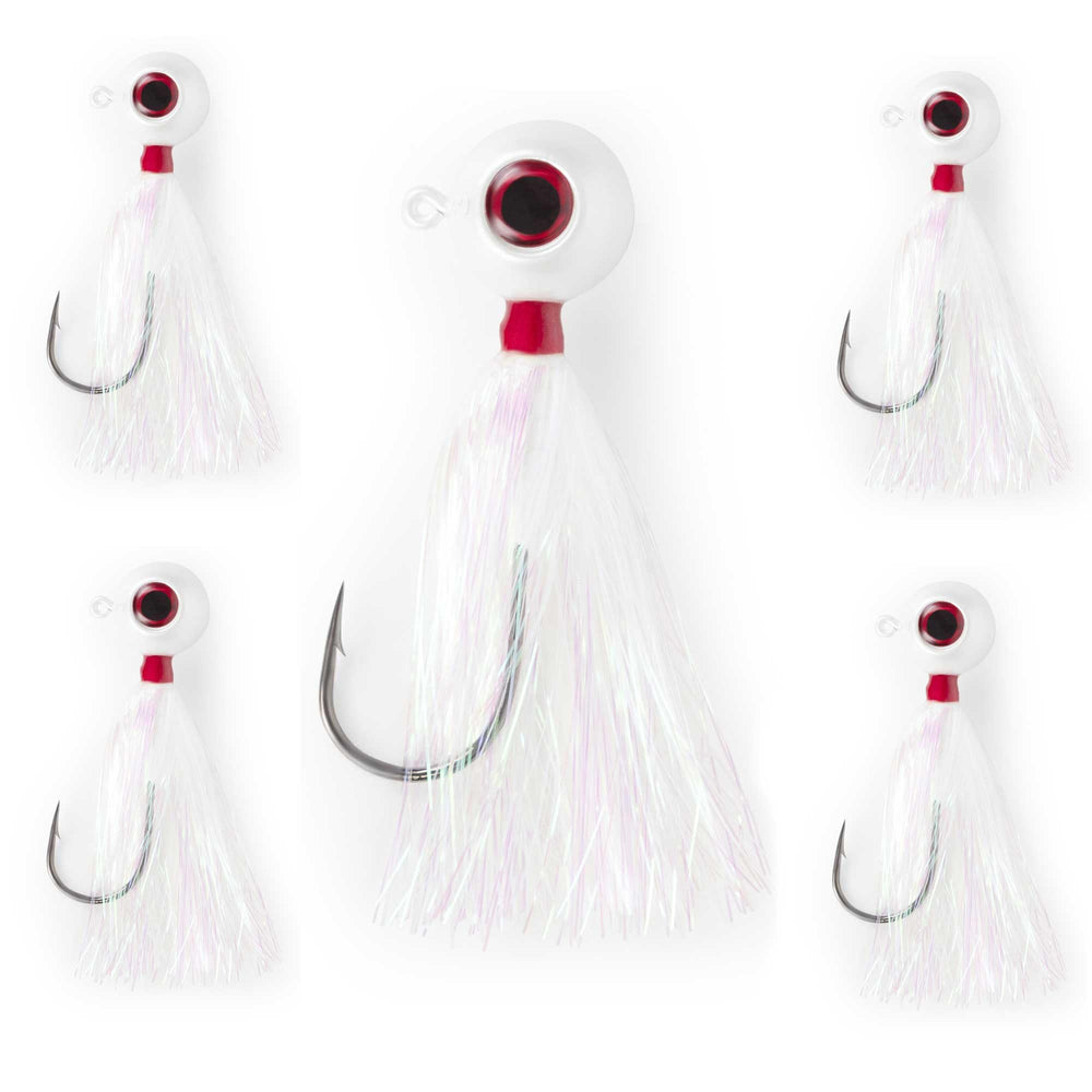 UNCLE MO'S UMT fluke bucktail jig with pearl white Mylar teaser attracts strikes.